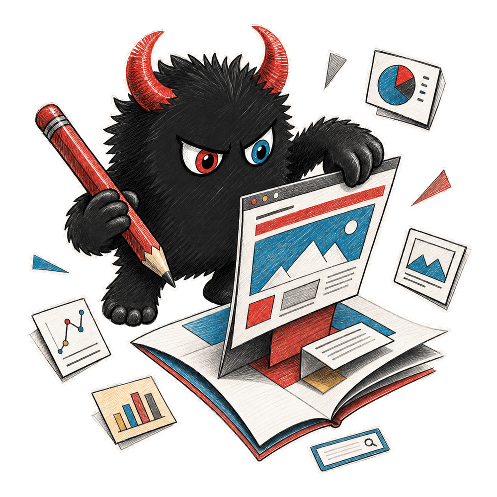 New OMG monster building a paper website with a red pencil
